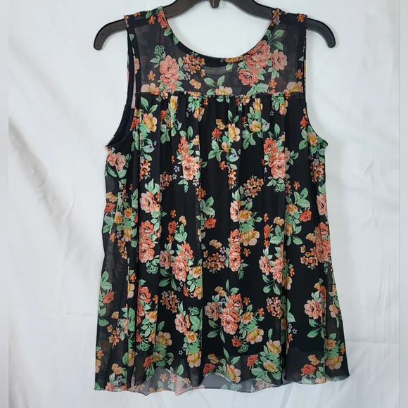 Bobbie Brooks Black‎ Sleeveless Sheer-Yoke Floral Mesh-Overlay Top Size M - Picture 1 of 6